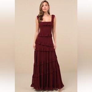 Lulus Compelling Romantic Burgundy Ruffled Tiered Maxi Dress Medium